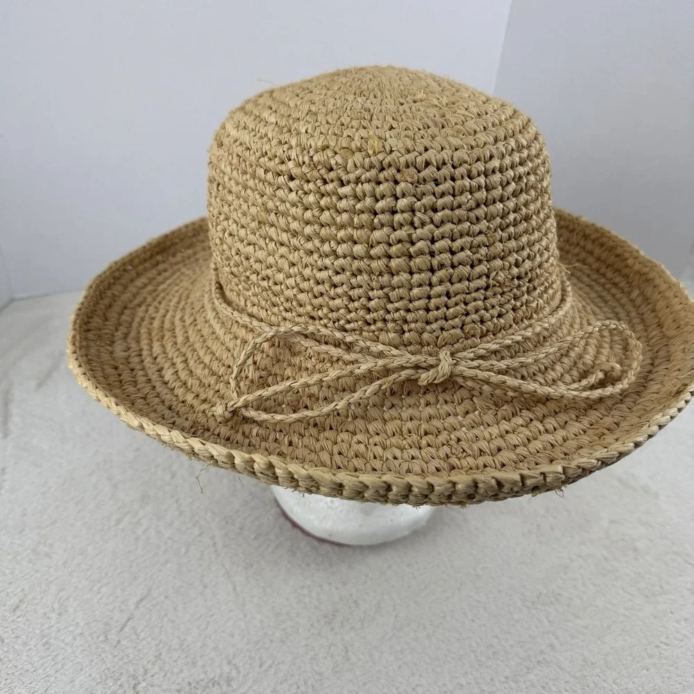 Scala Crocheted Twisted Raffia Straw Boater Hat with Drawstring One Size Natural